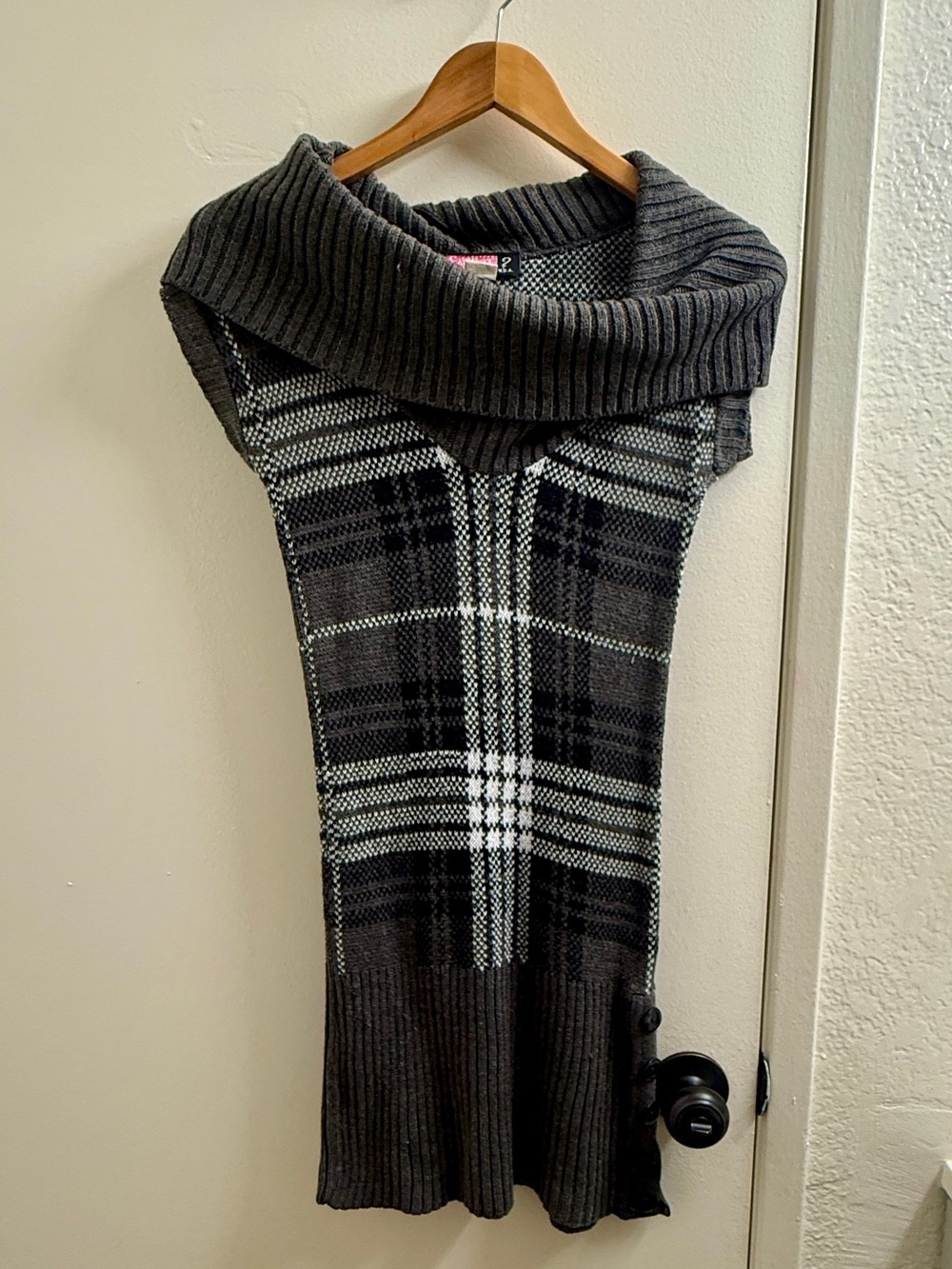 Say What? Gray Plaid Cowl Neck Sweater Dress